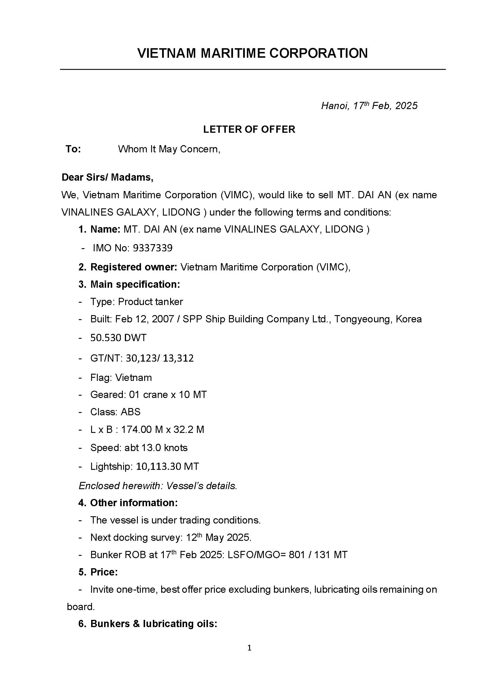 Letter of offer (Dai An)